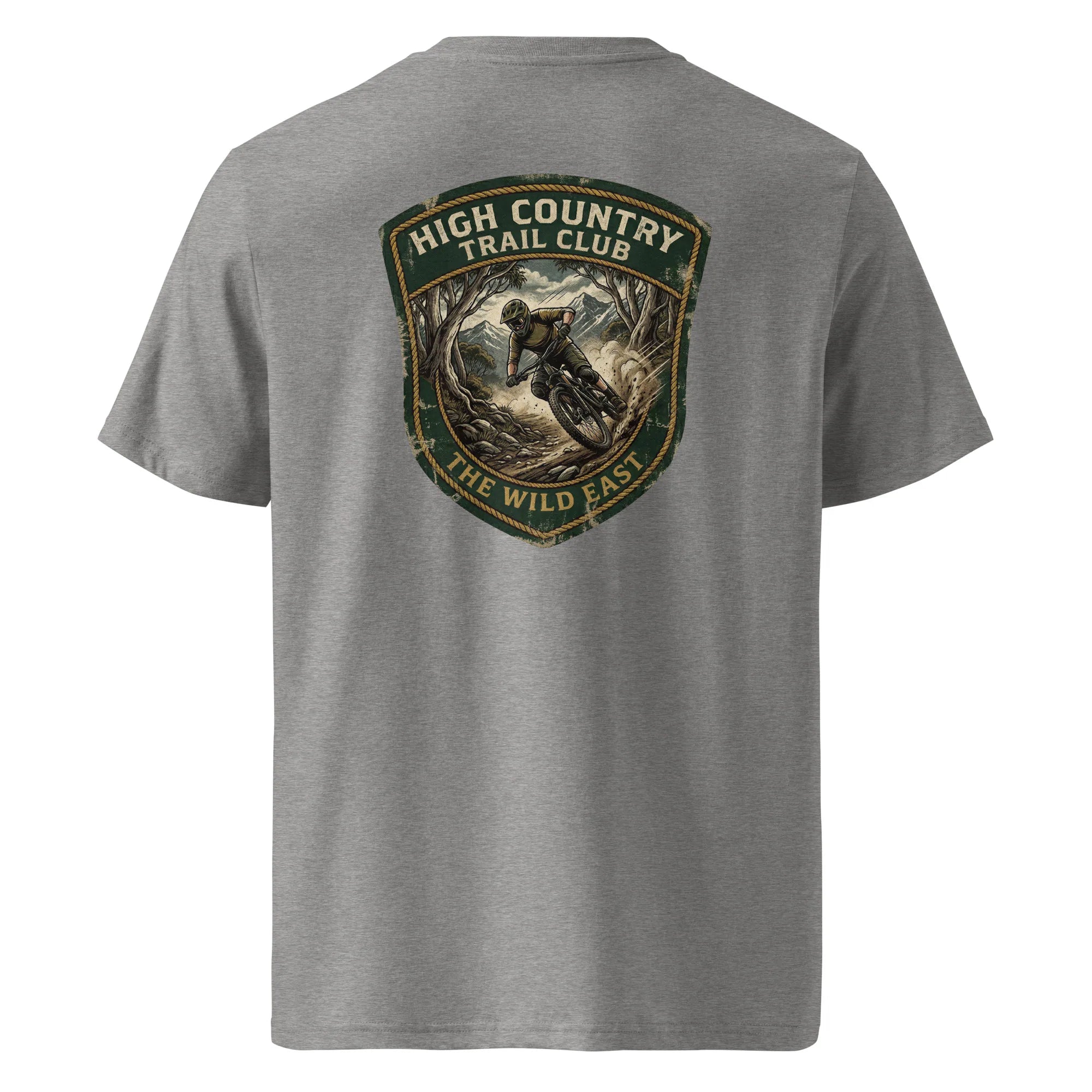 Trail Club Organic Tee, grau meliertes T-Shirt mit Rückenlogo „High Country Trail Club“