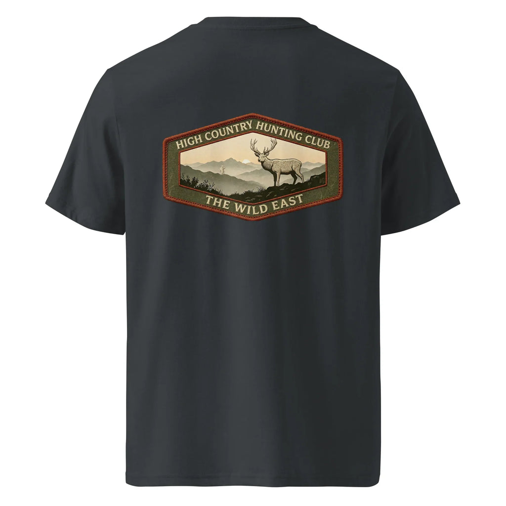 Organic tee in dunkelgrau/anthrazit with deer hunting club logo graphic on back