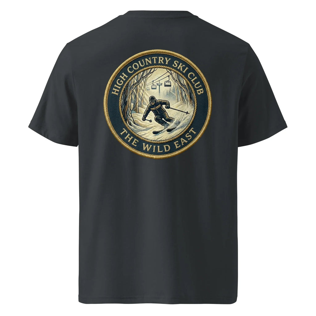 Dark organic T-shirt with High Country Ski Club round back graphic