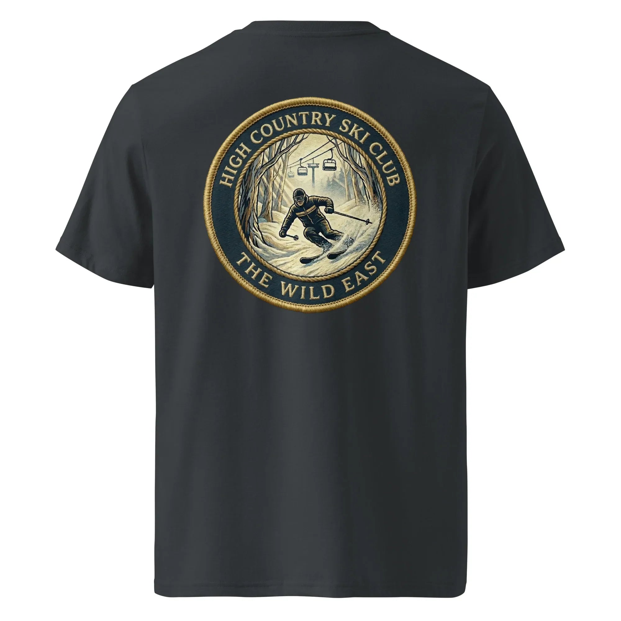 Dark organic T-shirt with High Country Ski Club round back graphic