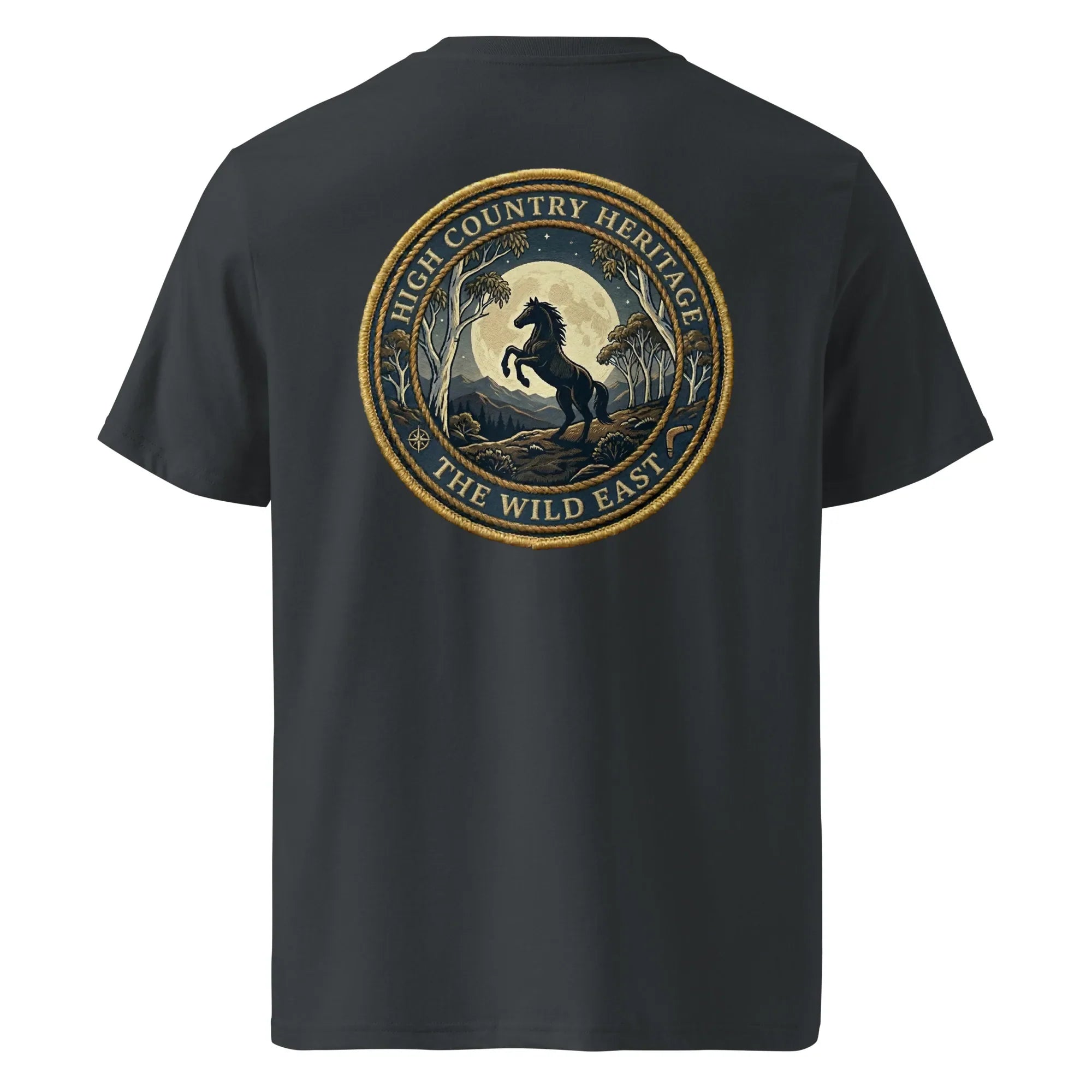 Organic Tee Heritage in dark charcoal, back print featuring circular horse heritage logo.