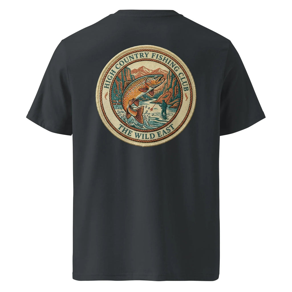 Organic Tee in Black with back circular fishing club graphic and fish