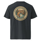 Organic Tee in Black with back circular fishing club graphic and fish
