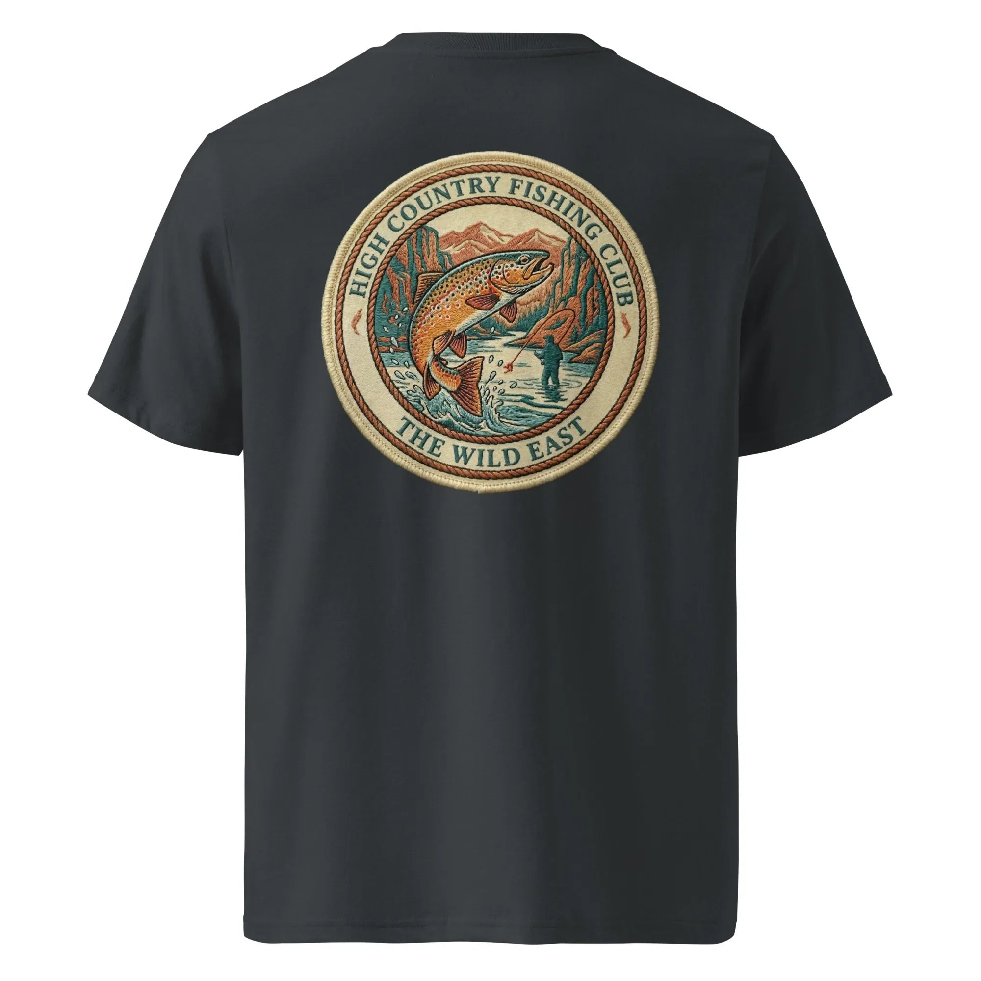 Organic Tee in Black with back circular fishing club graphic and fish