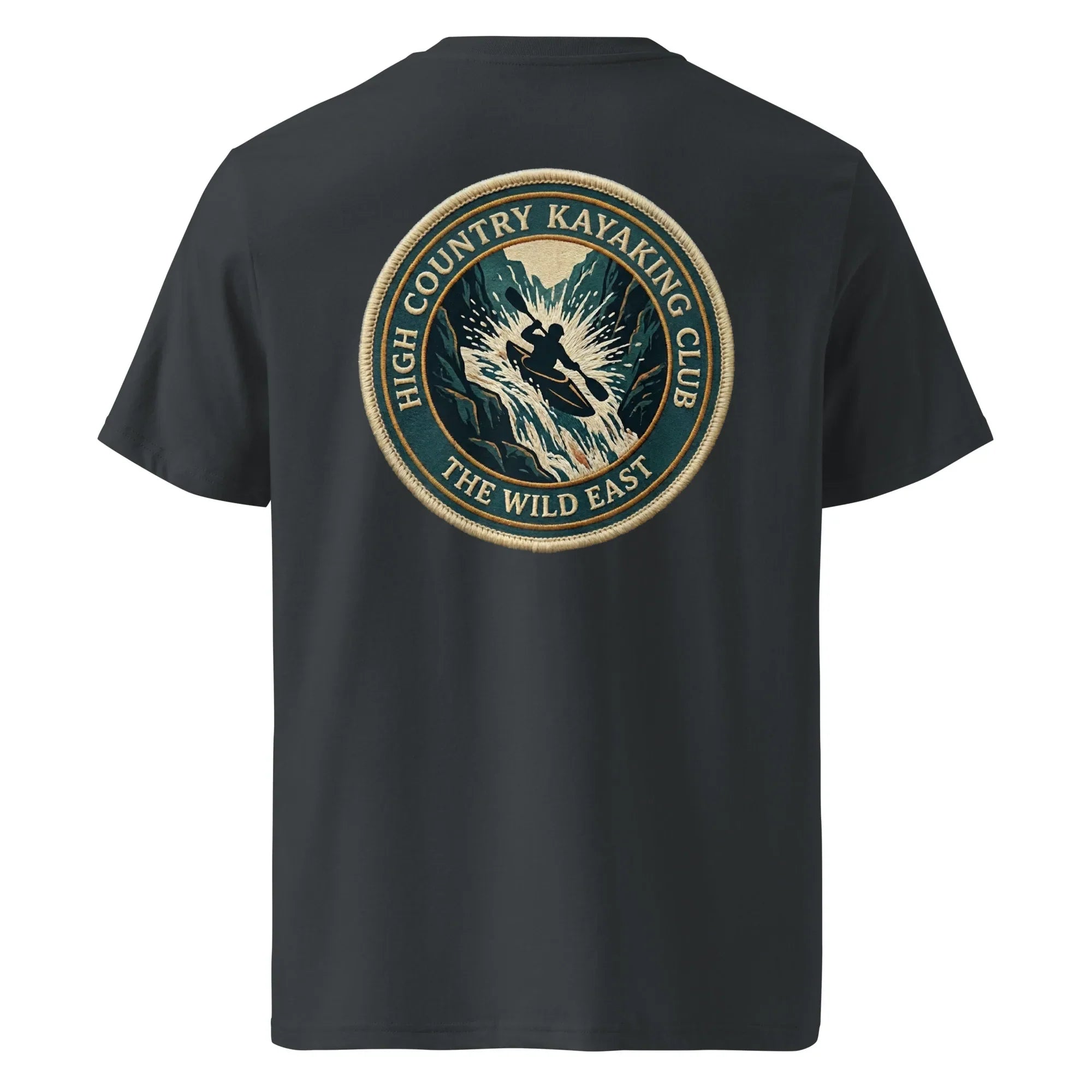 Organic Tee—kayaking club logo on dark charcoal crew neck T-shirt, back view