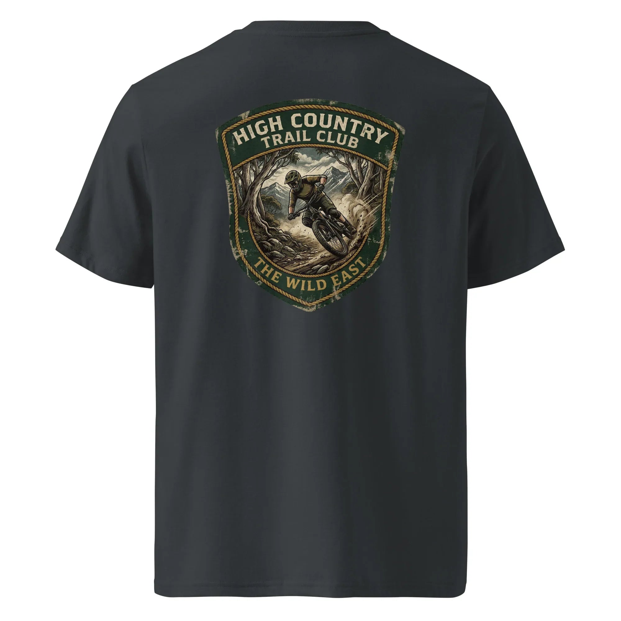 Organic tee with High Country Trail Club back graphic, black