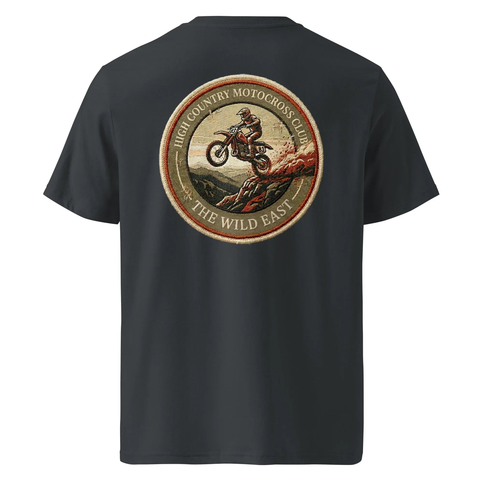 HC Motocross Club Unisex T-Shirt anthrazit mit rundem Rückenlogo und Motorradgrafik