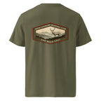 Organic tee in Khaki/oliv with deer hunting club logo graphic on back