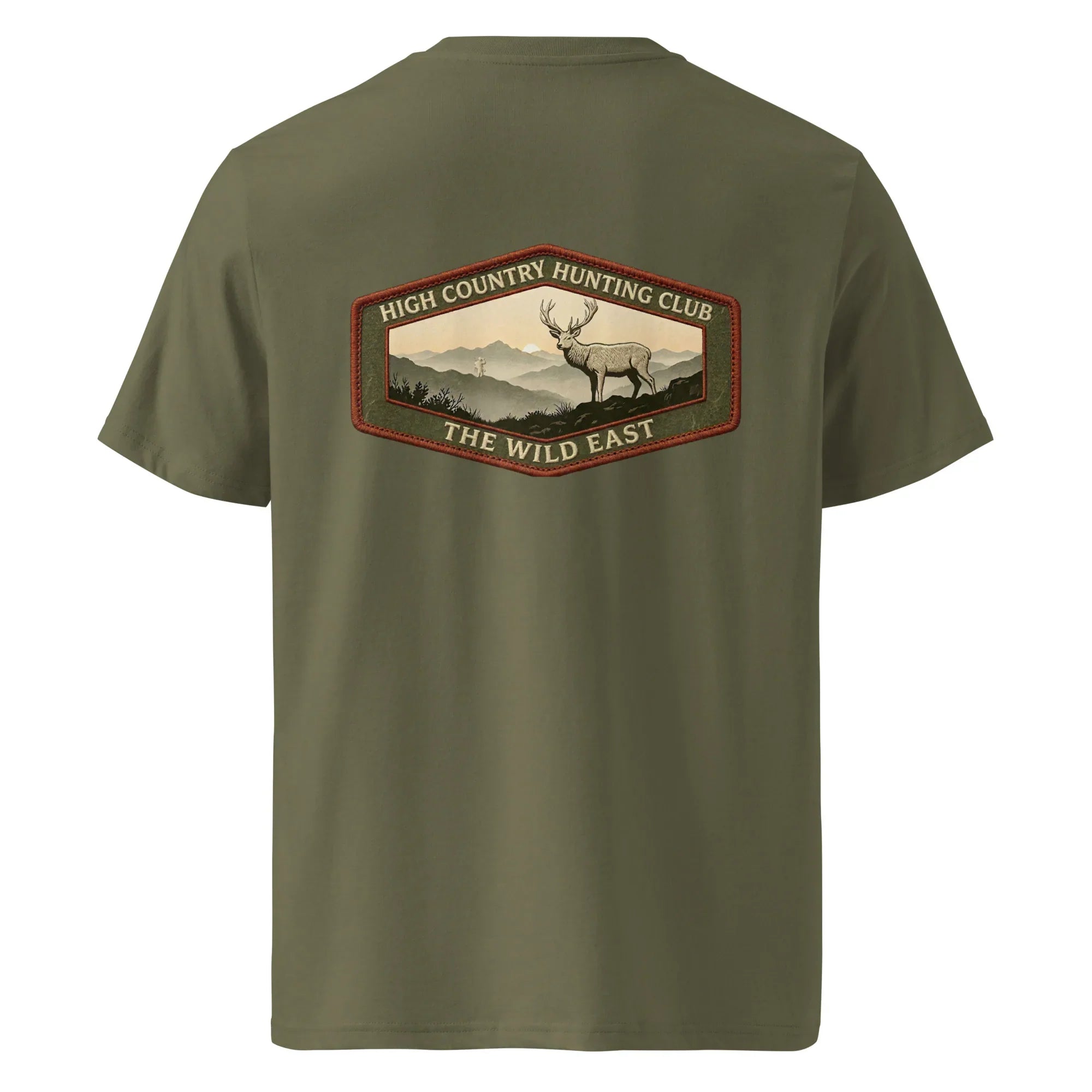Organic tee in Khaki/oliv with deer hunting club logo graphic on back