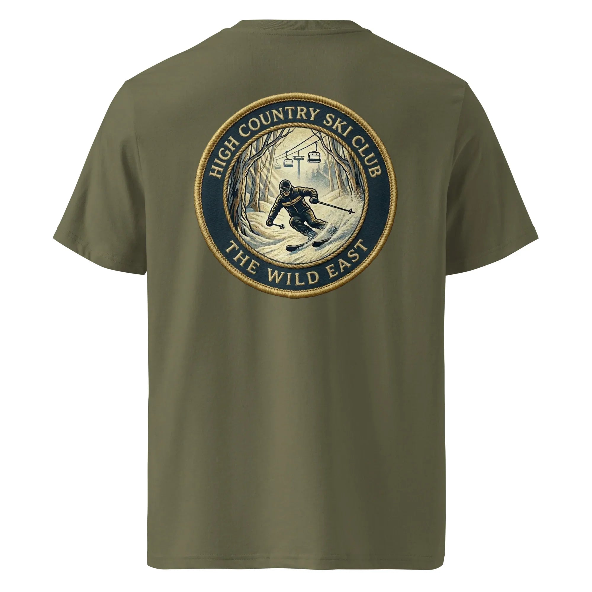 Khaki organic T-shirt with High Country Ski Club round back graphic