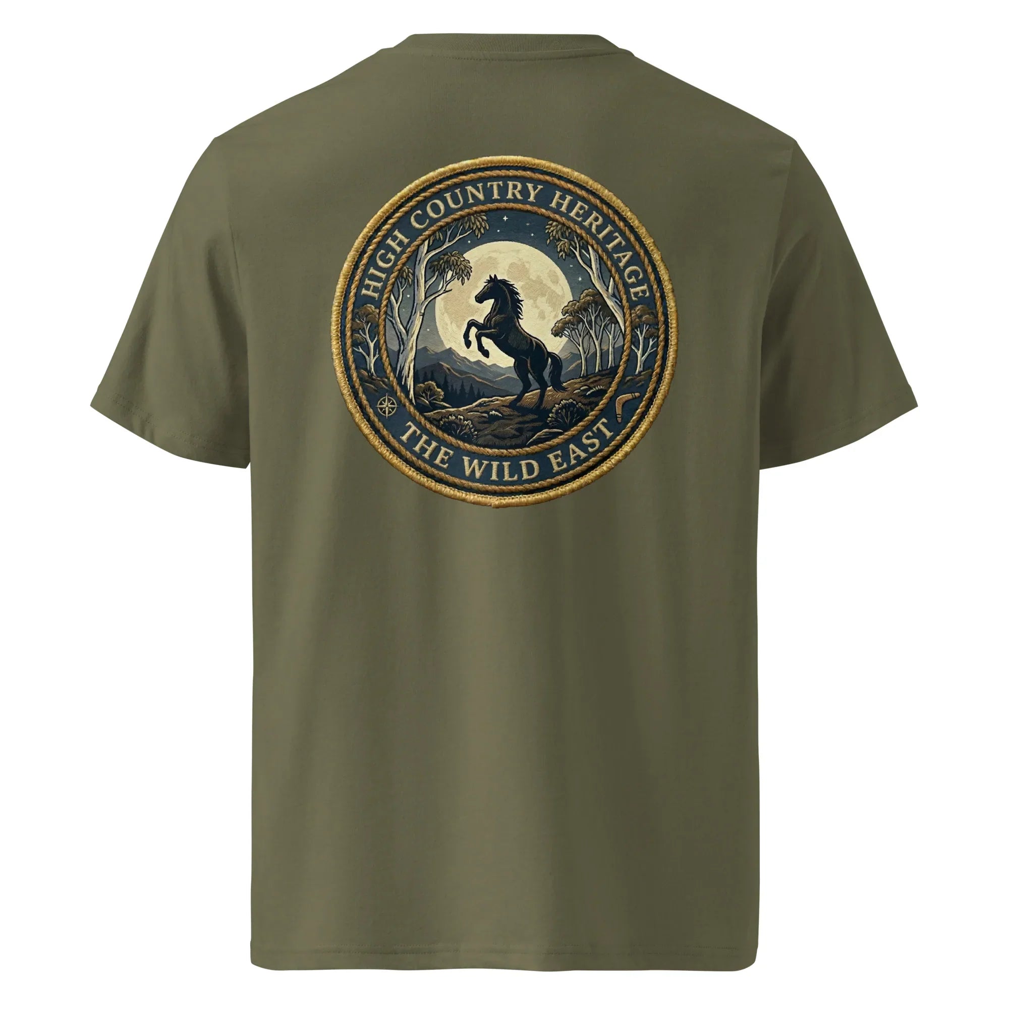 Organic Tee Heritage in khaki/olive, back graphic seal with horse in round logo.