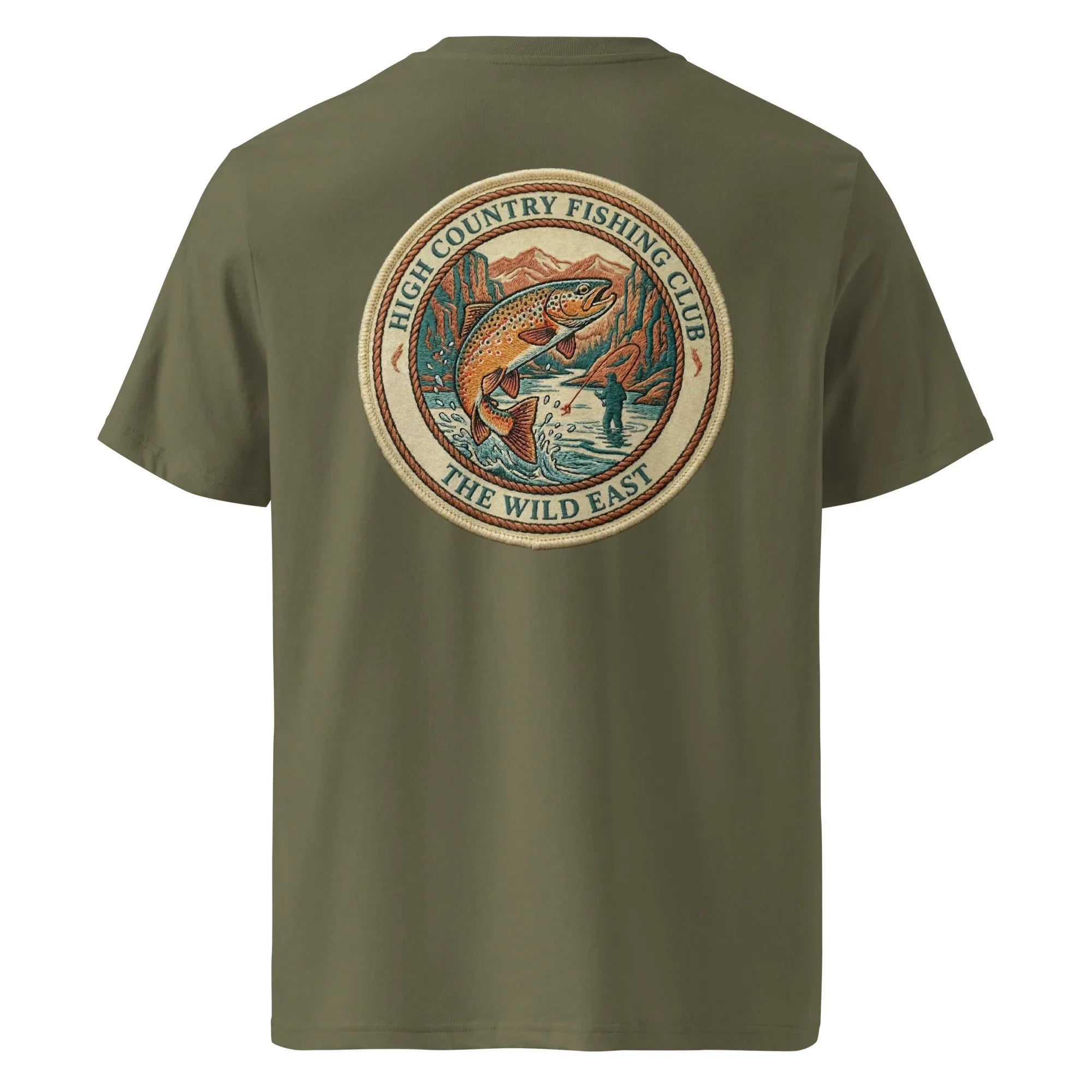 Organic Tee in Khaki with back circular fishing club graphic and fish