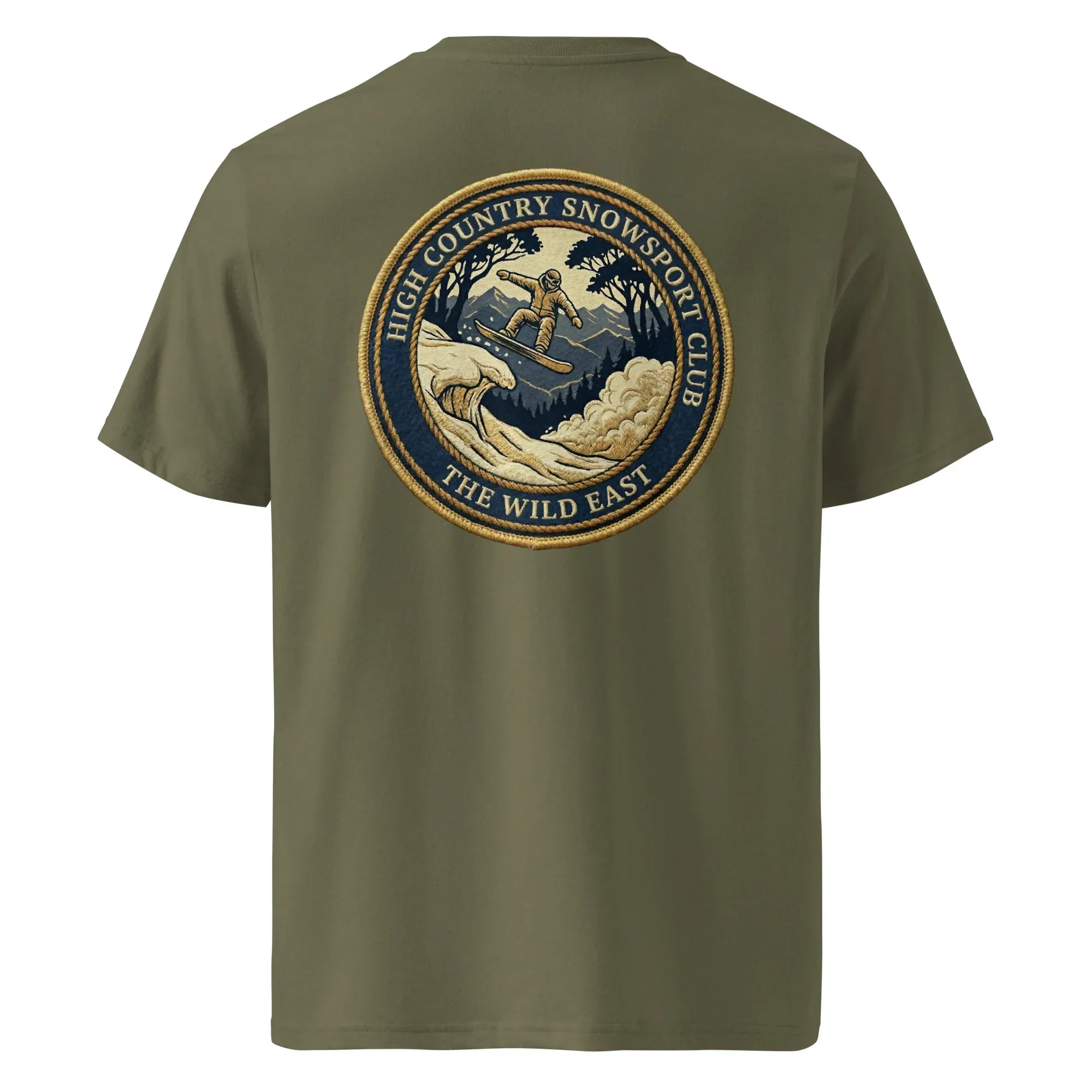 Khaki organic tee, back view with large skier badge graphic