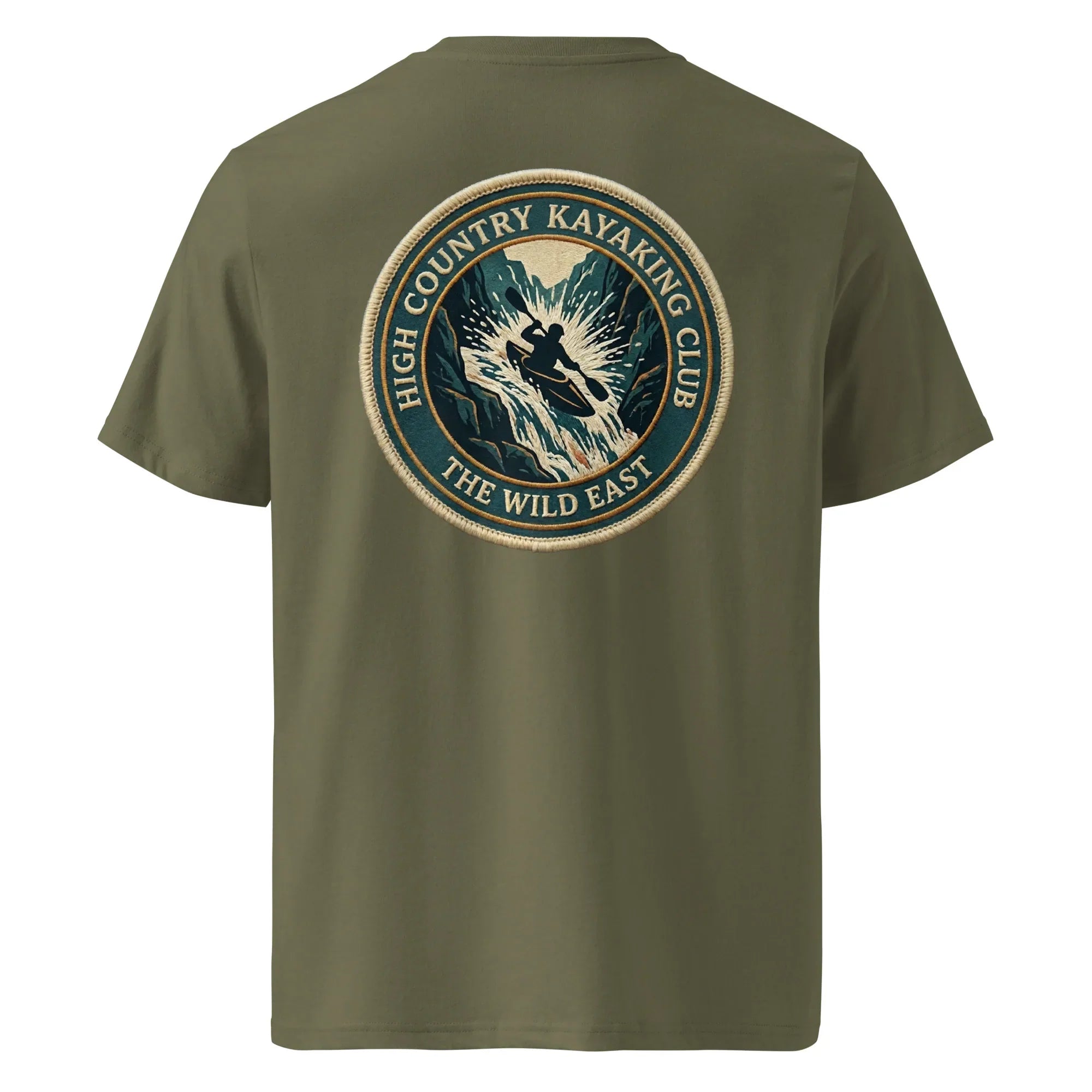 Organic Tee—kayaking club logo on khaki/olive crew neck T-shirt, back view