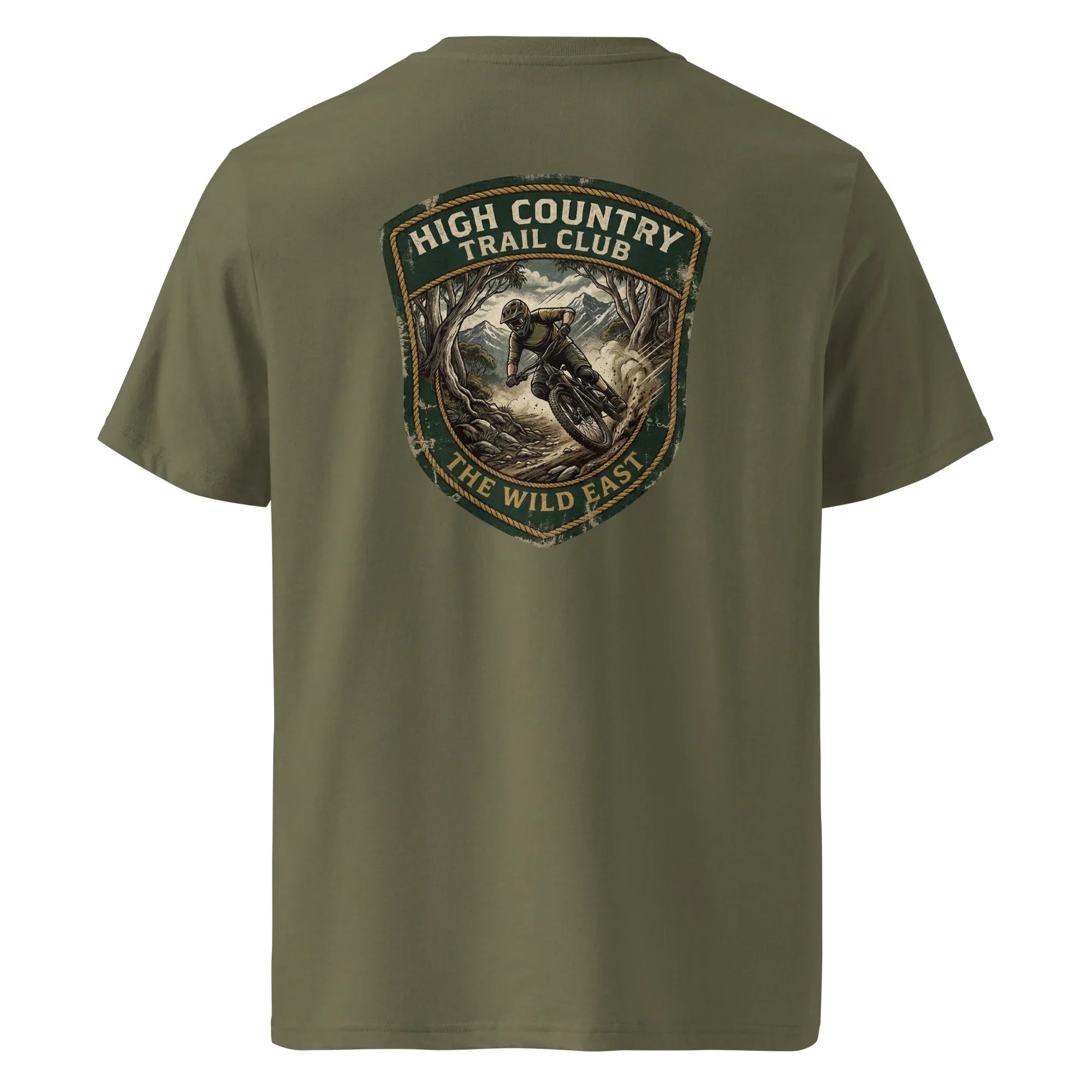 Trail Club Organic Tee, Khaki T-Shirt mit Rückenpatch „High Country Trail Club“