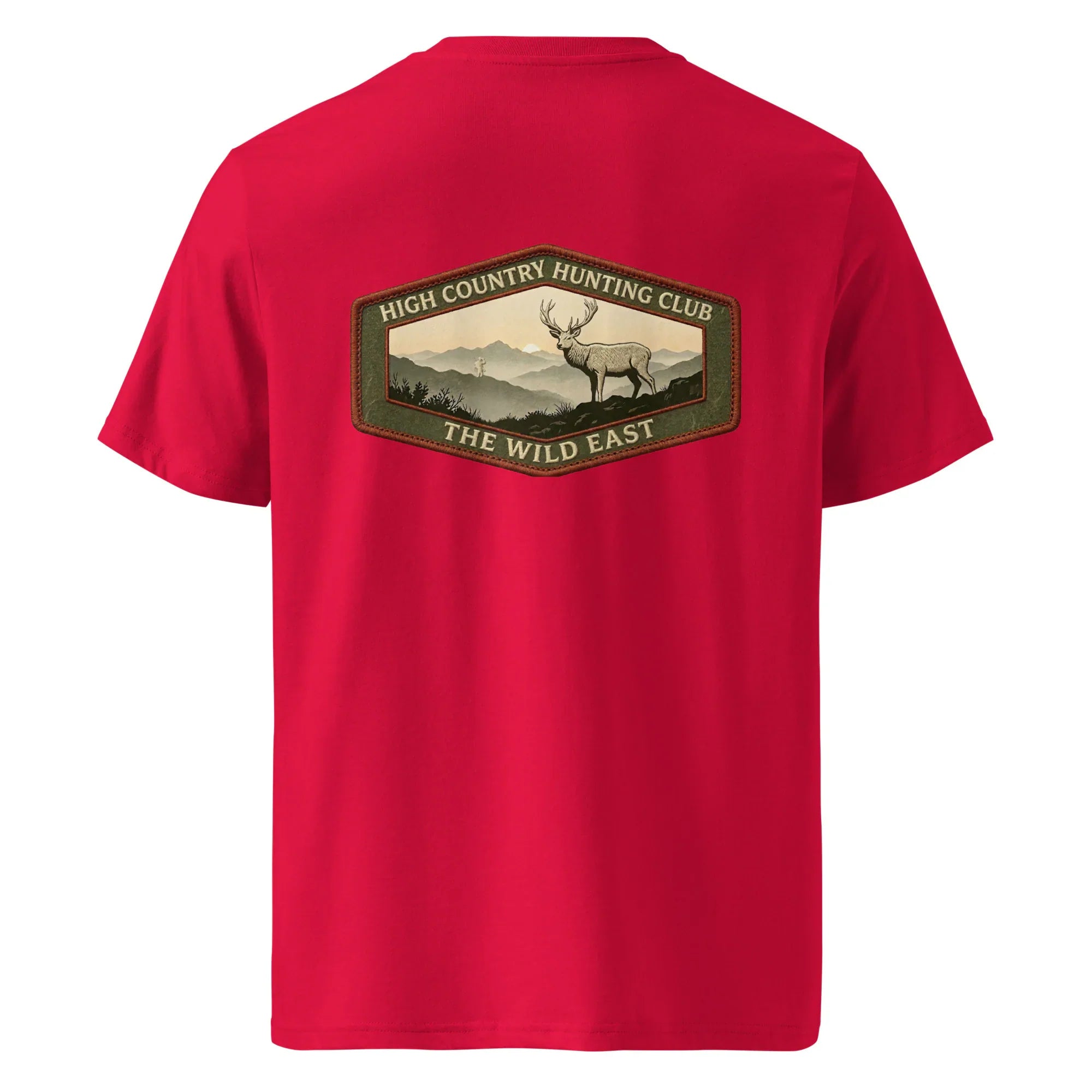 Organic Tee in red with back hunting club graphic and deer illustration