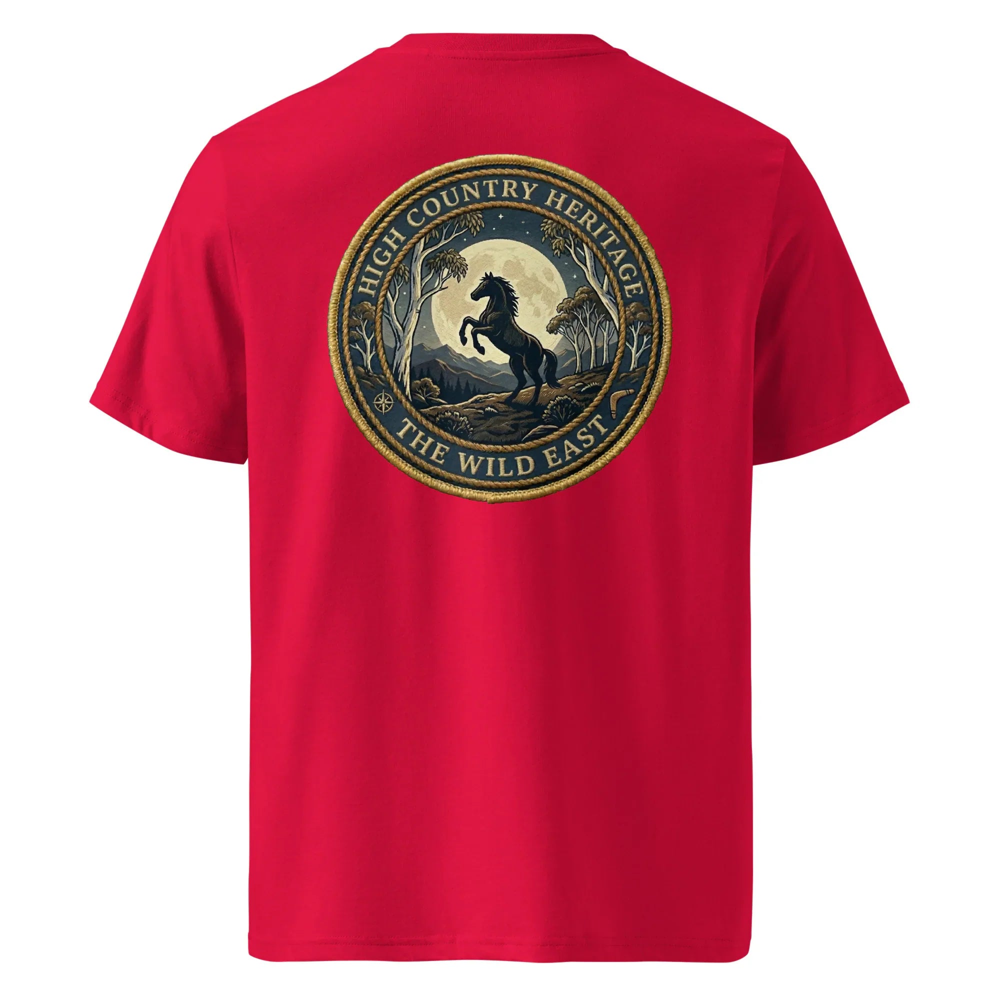 Organic Tee Heritage in red, back graphic seal with horse illustration in circle.