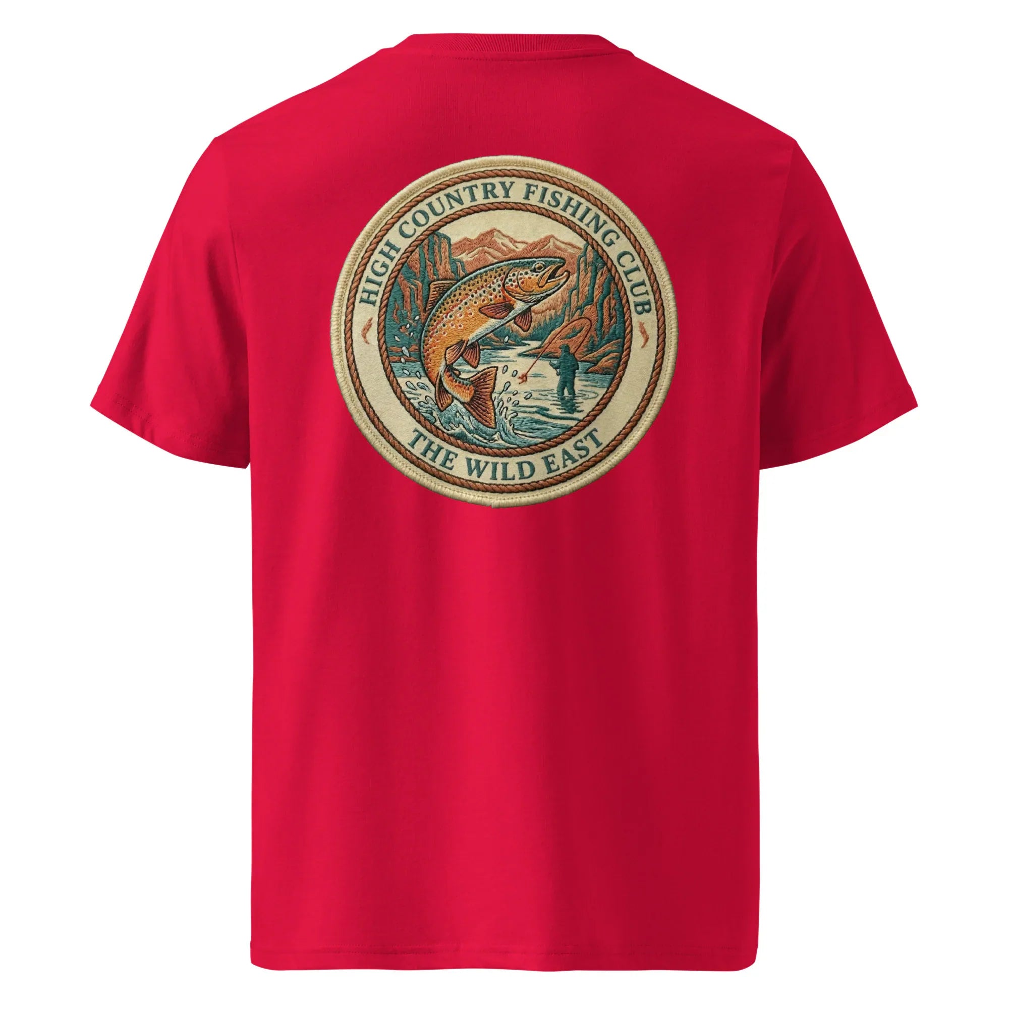 Organic Tee in Rot mit rundem Fishing-Club-Logo auf der Rückseite