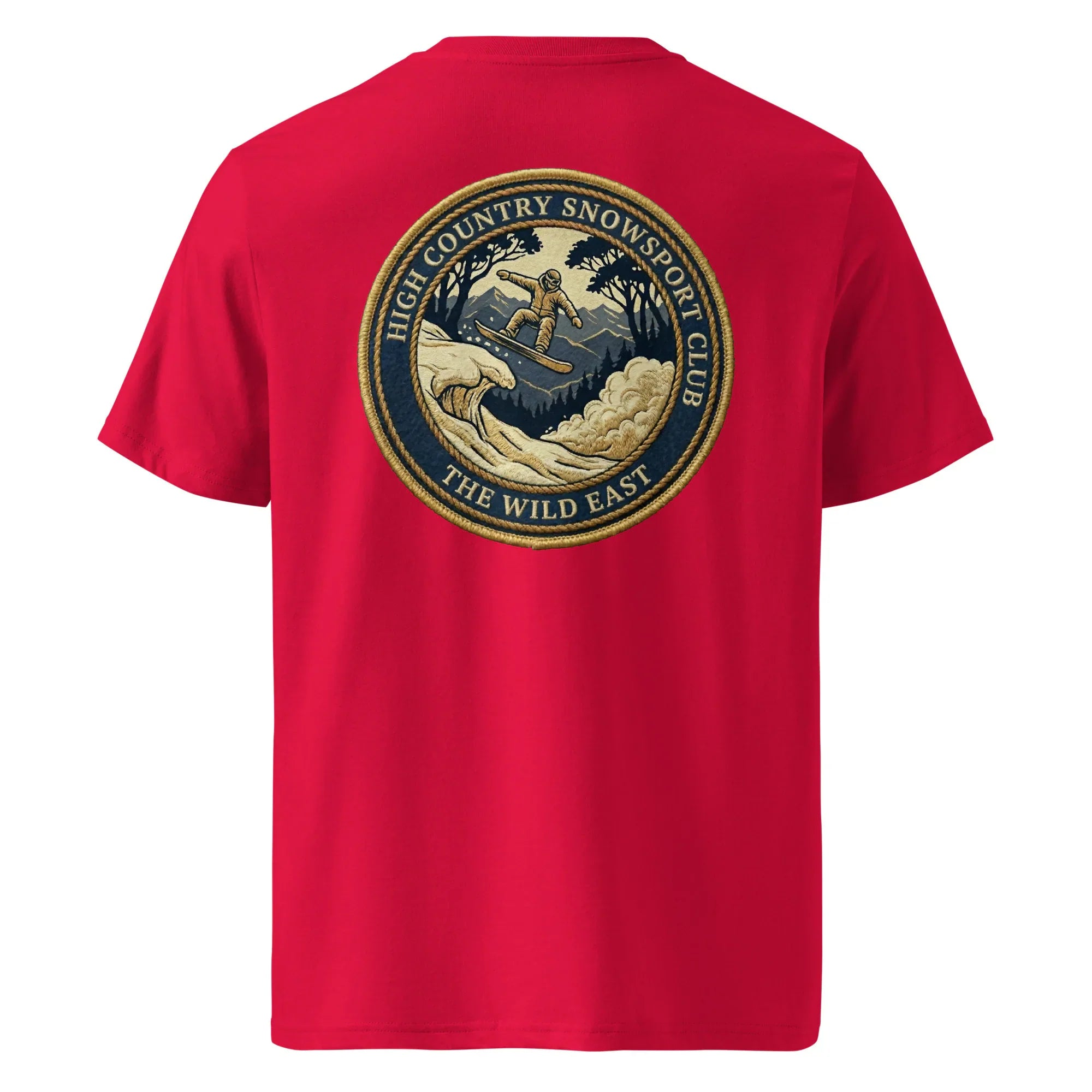 Red organic tee, back view with large skier badge graphic
