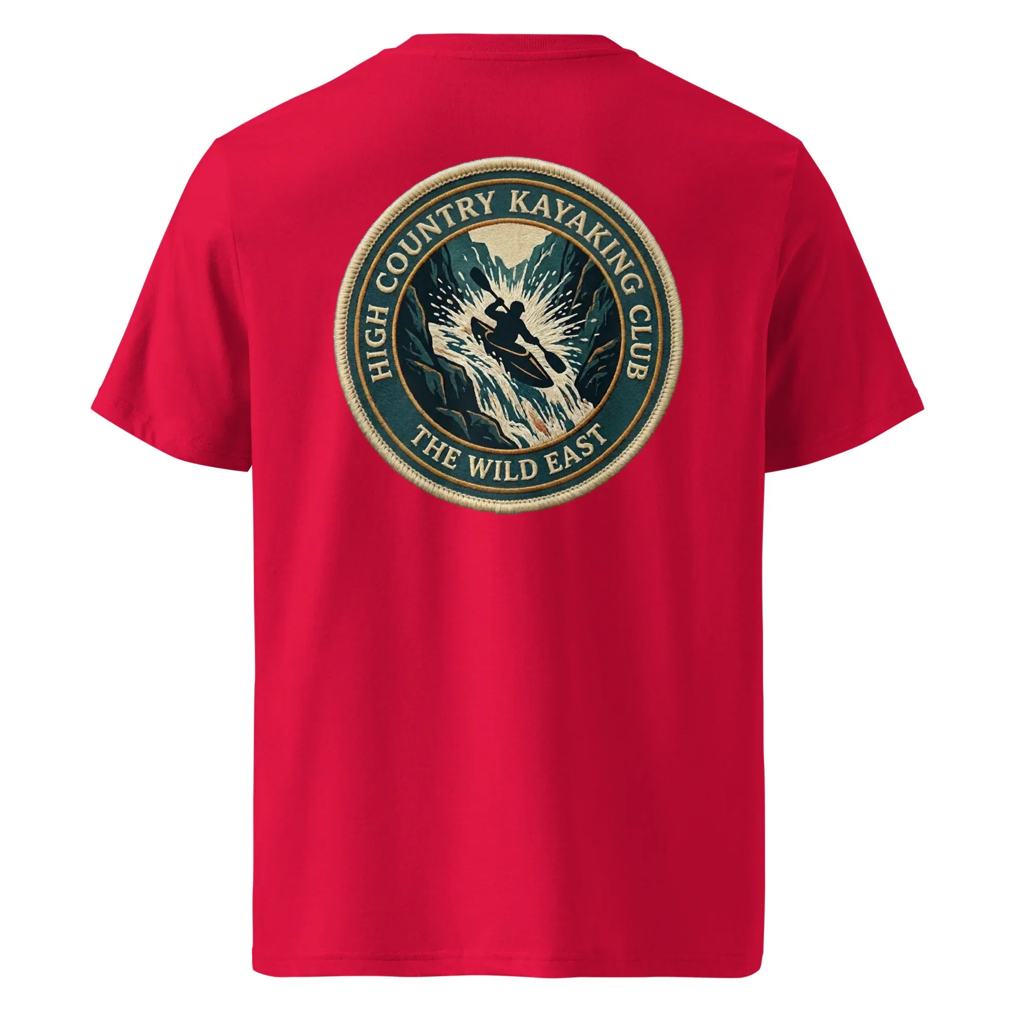 Organic Tee—kayaking club logo on red crew neck T-shirt, back view