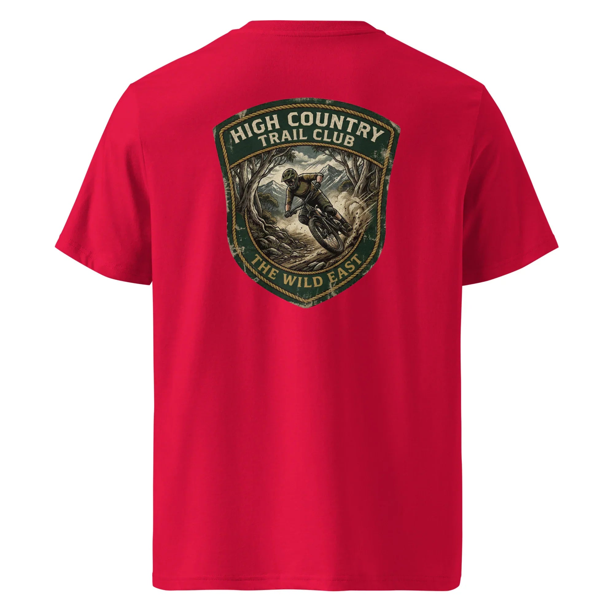 Organic tee with High Country Trail Club back graphic, bright red