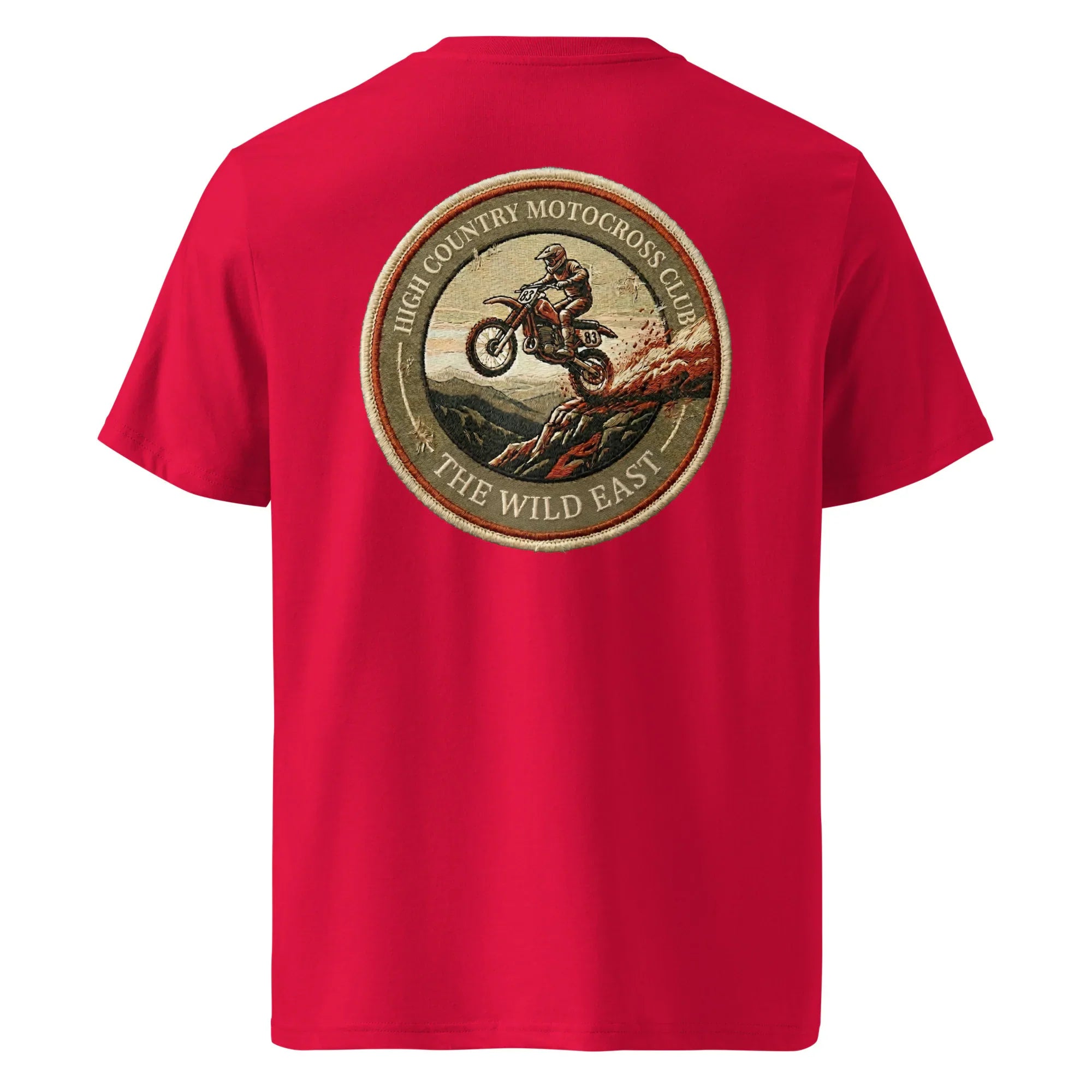 HC Motocross Club Unisex T-Shirt rot mit rundem Rückenlogo und Motorradgrafik