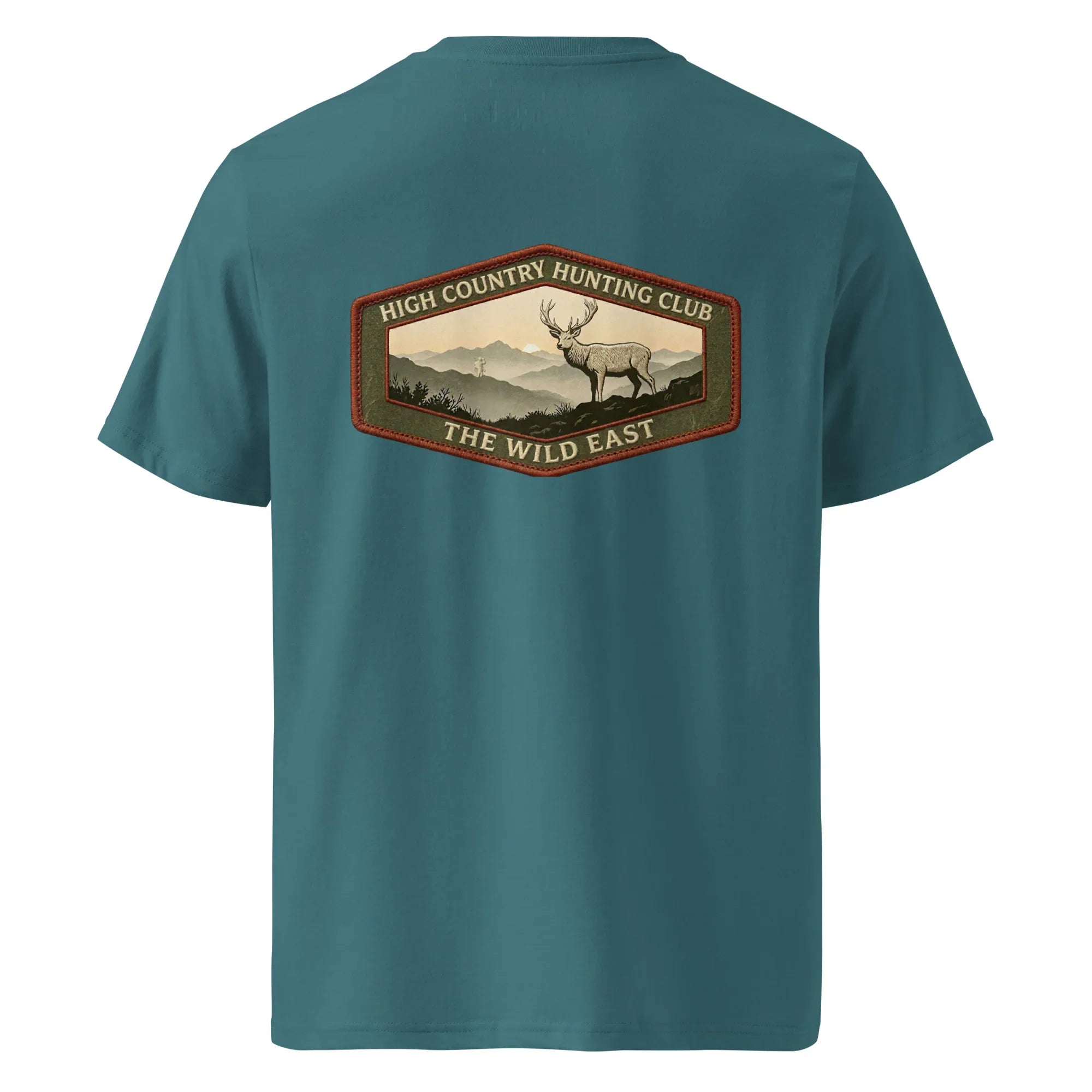Organic Tee in stargazer teal with back hunting club graphic and deer illustration