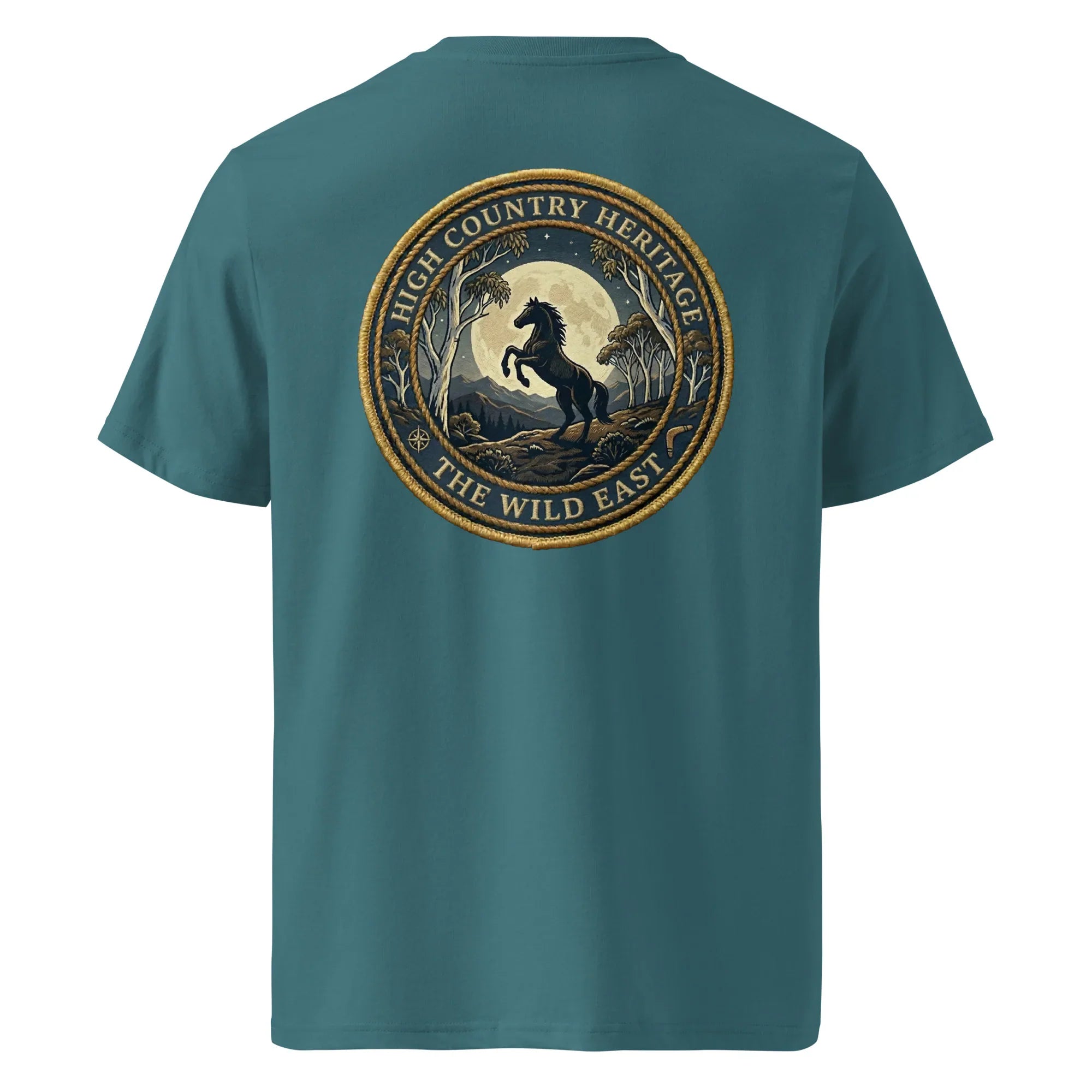 Organic Tee Heritage in teal, back print with circular horse and landscape graphic.