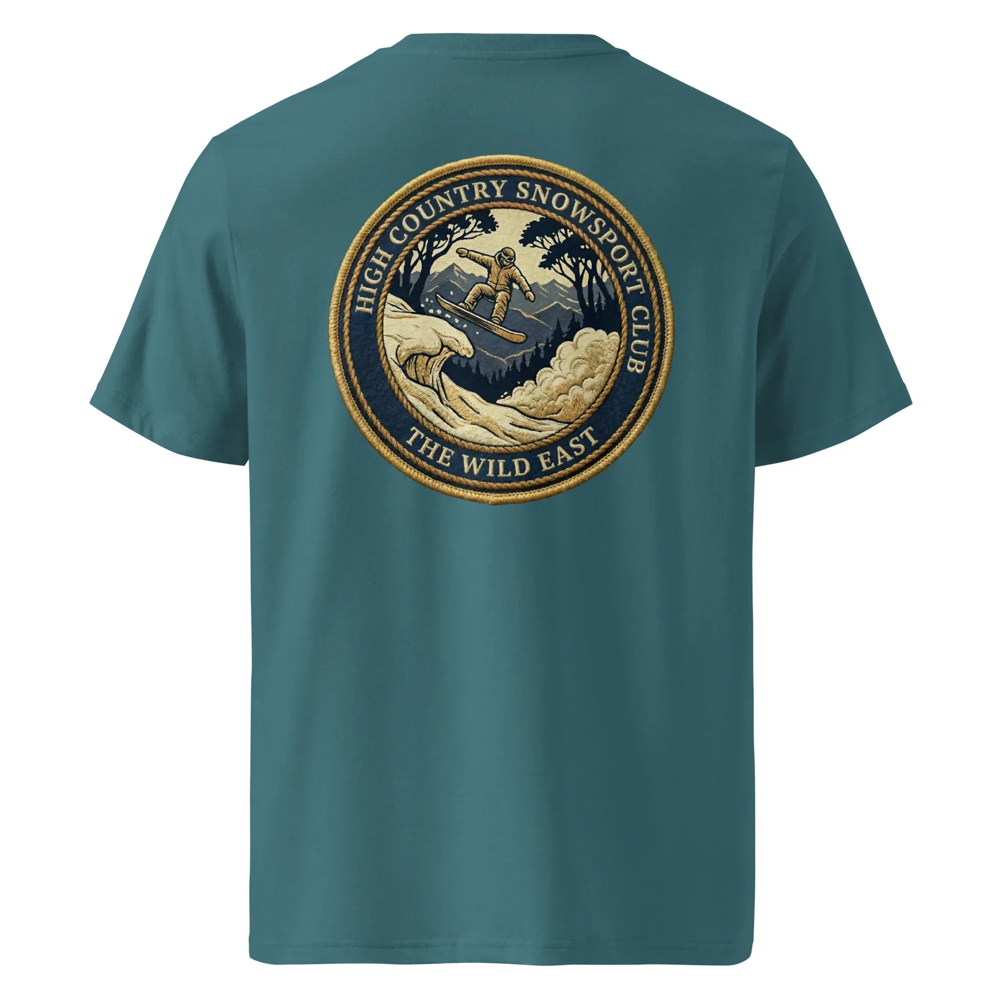 Stargazer organic tee, back view with large skier badge graphic
