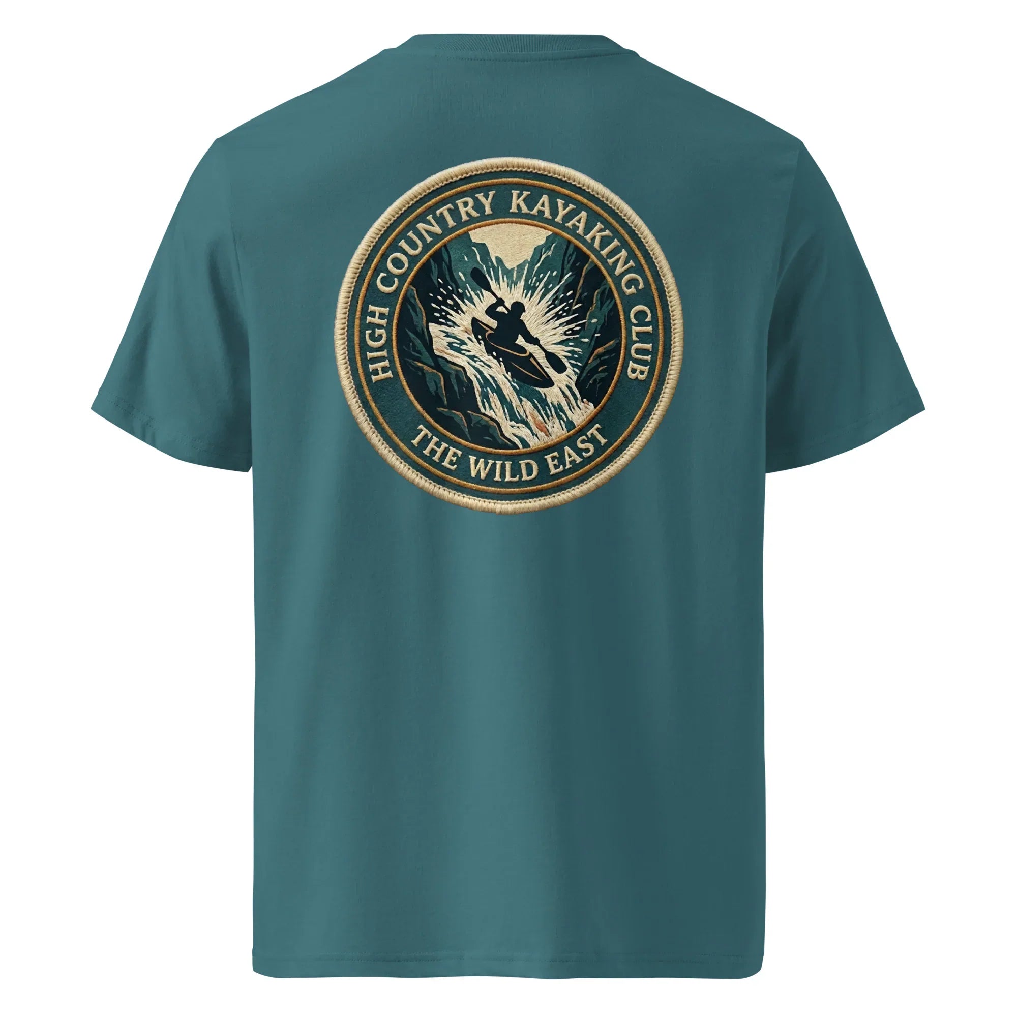 Organic Tee—kayaking club logo on teal crew neck T-shirt, back view