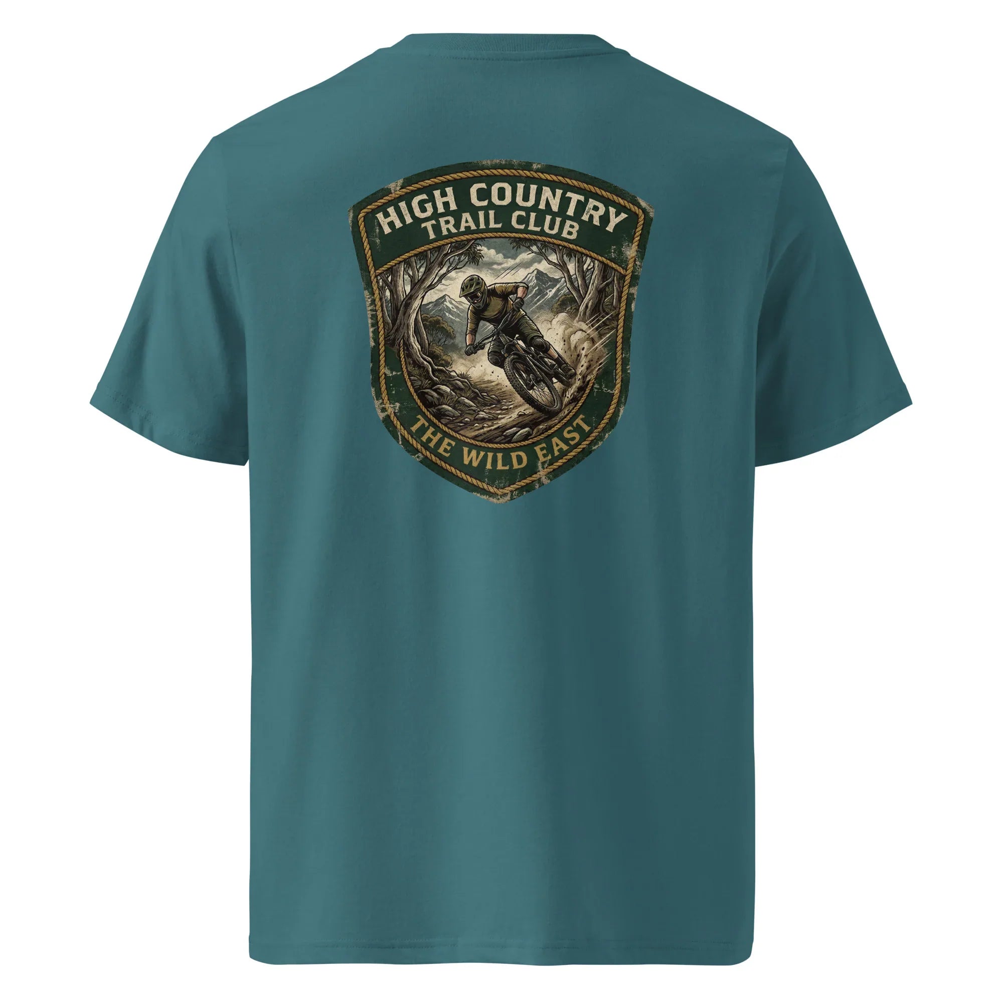 Organic tee with High Country Trail Club back graphic, teal blue