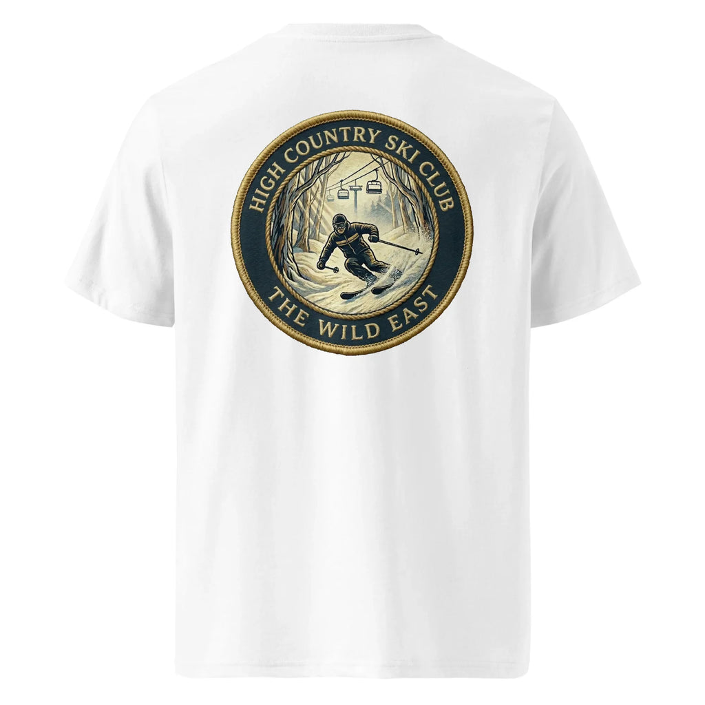 White organic crew-neck T-shirt with centered Ski Club round back graphic