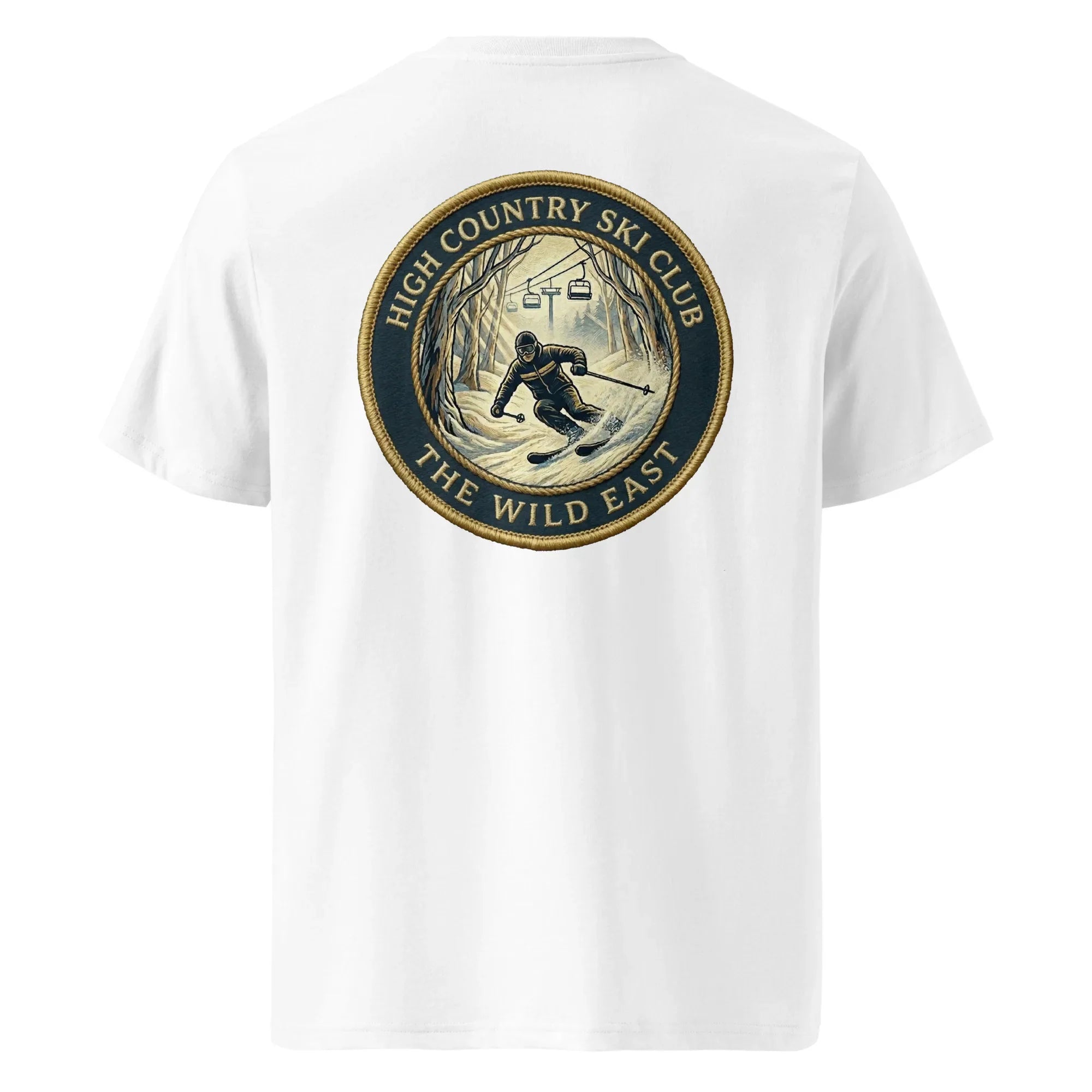 White organic crew-neck T-shirt with centered Ski Club round back graphic
