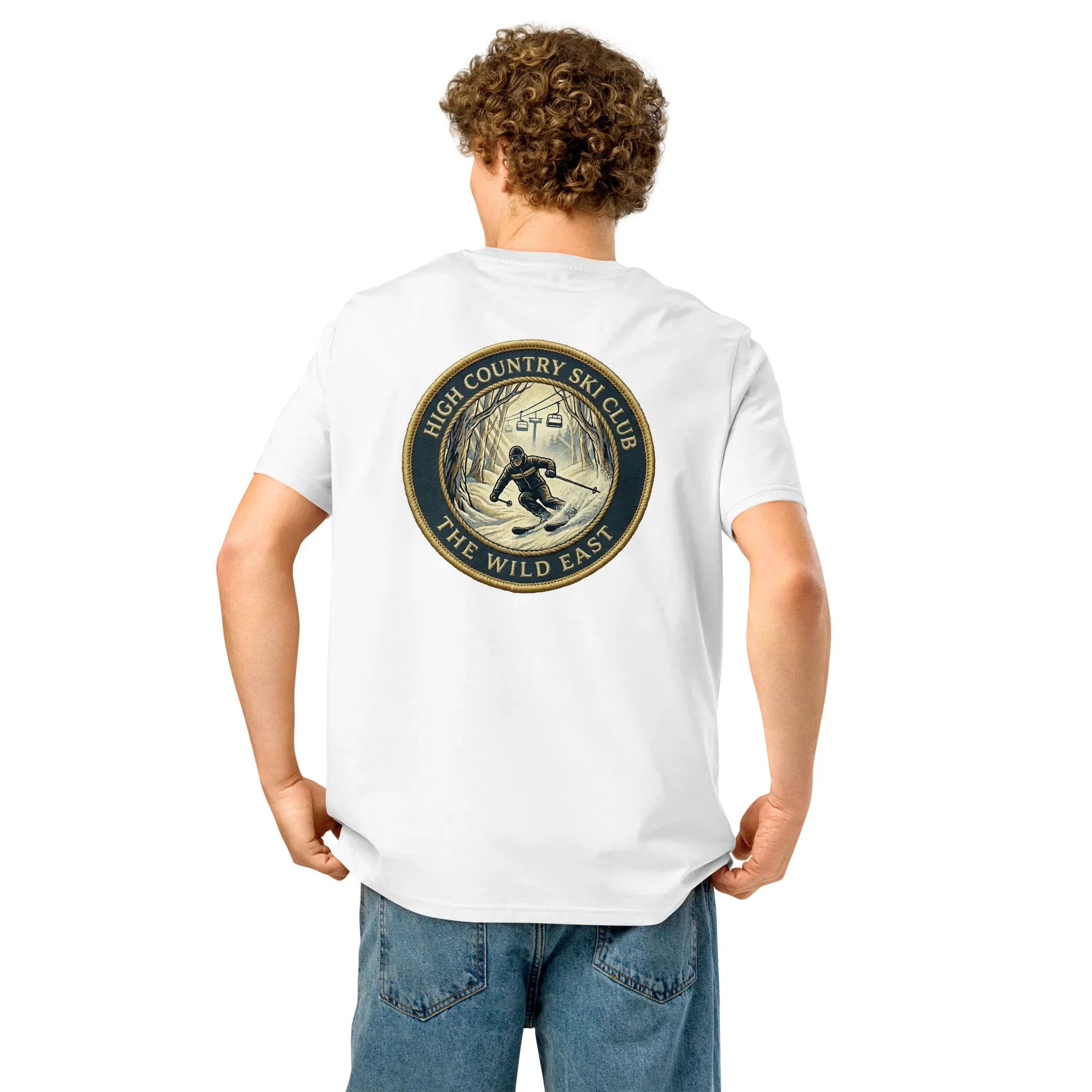 White organic crew-neck T-shirt with Ski Club round back graphic