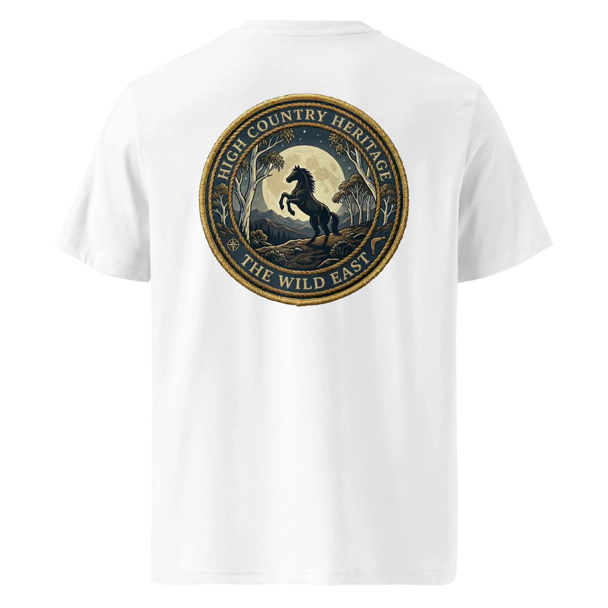 Organic tee, white back print with horse heritage logo, crew neck short sleeves