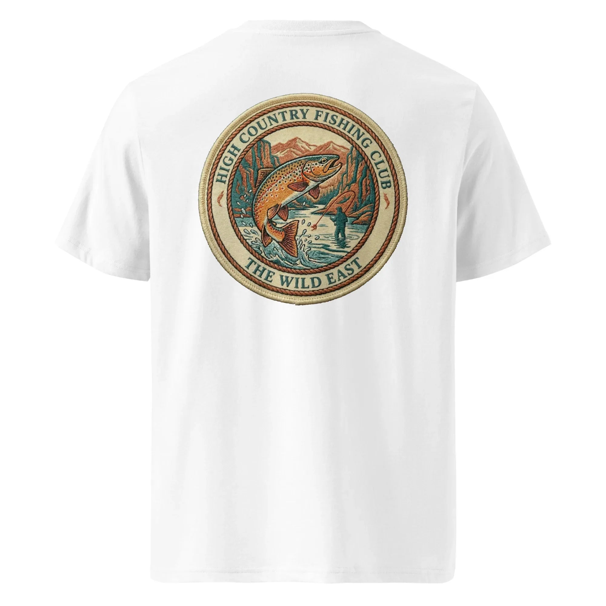 Organic Tee in White with back circular fishing club graphic featuring fish