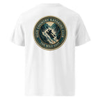 White organic tee, back print logo patch for Kayaking Club