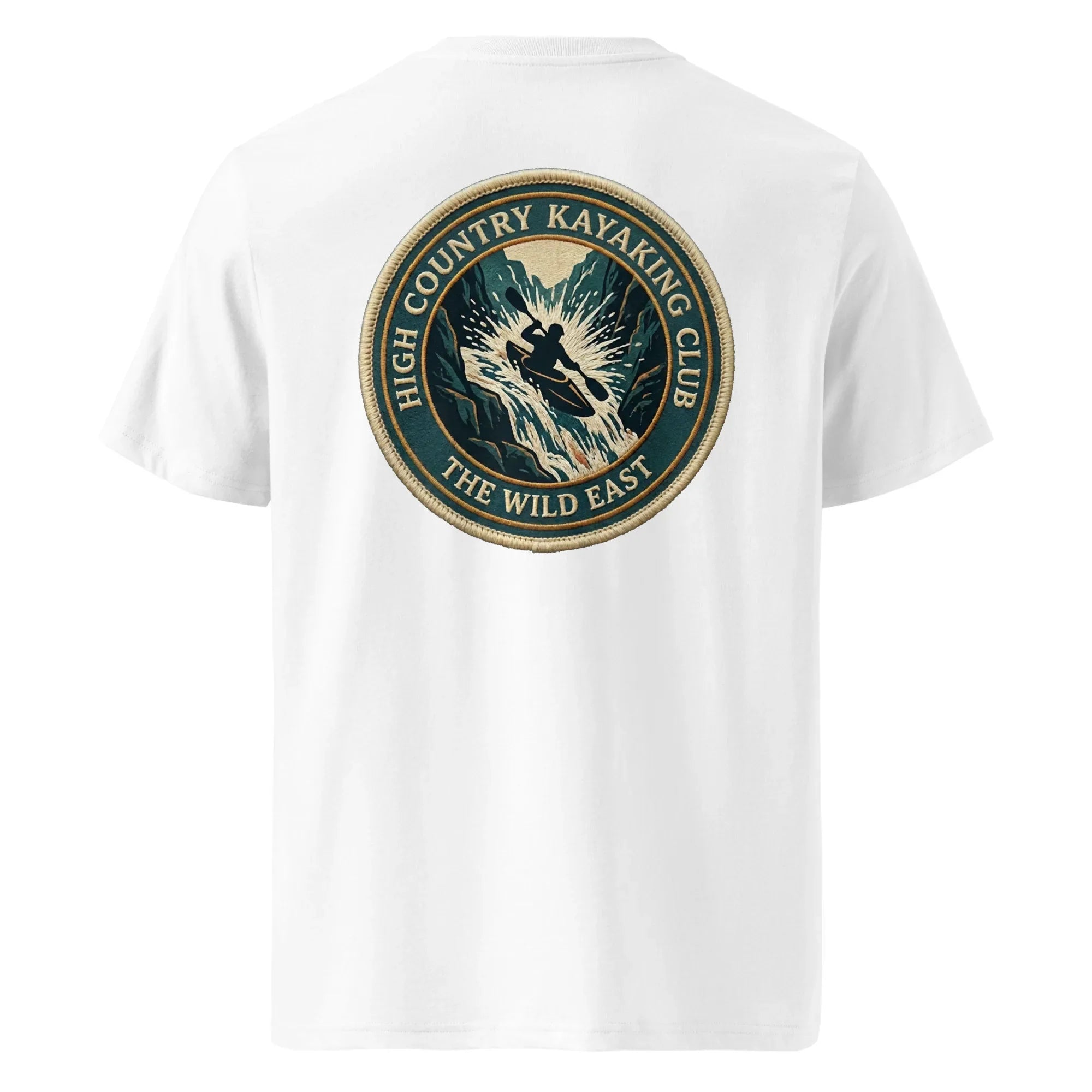 White organic tee, back print logo patch for Kayaking Club