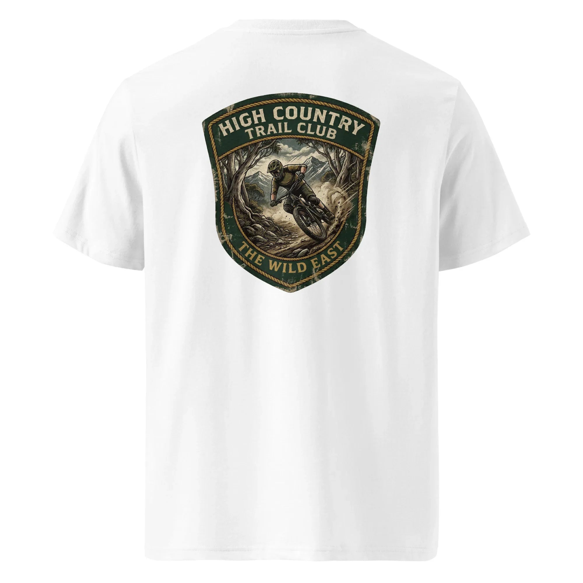 Trail Club Organic Tee, weißes T-Shirt mit Rückenpatch „High Country Trail Club“