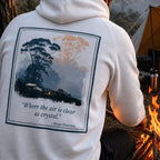 Eco Hoodie, white back view with large framed forest graphic and quote text
