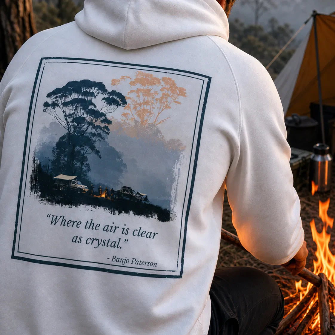 Eco Hoodie, white back view with large framed forest graphic and quote text